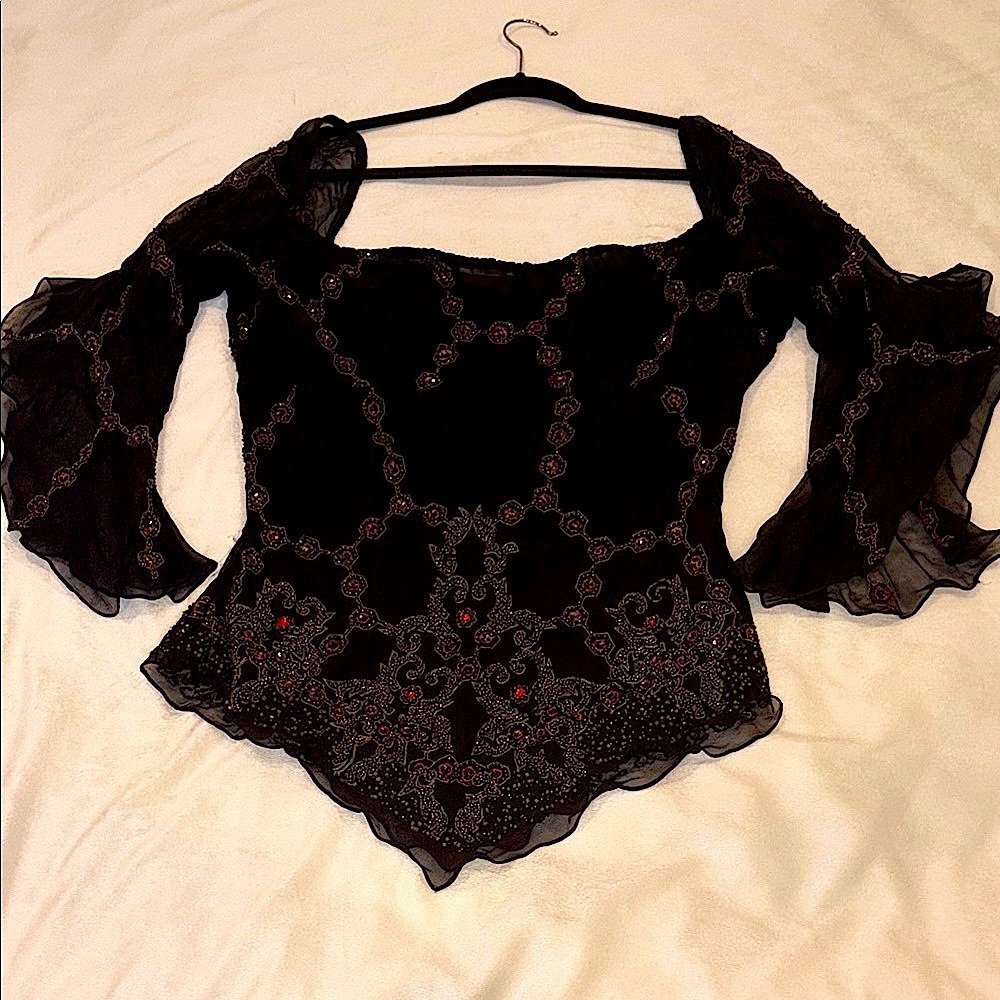 Black Embroidered Off-Shoulder Bell Sleeve Top